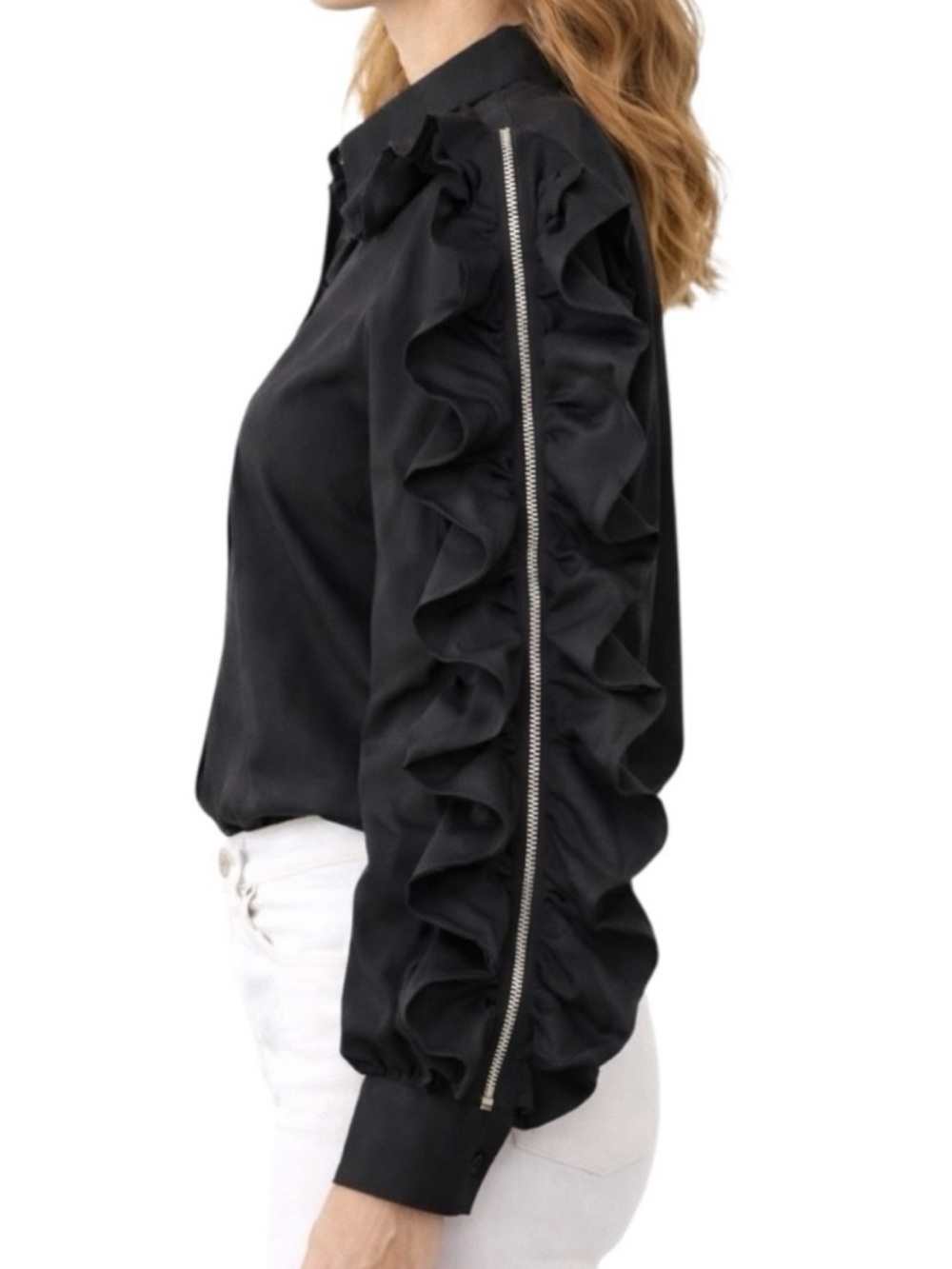 Dramatic Black Zip Ruffle Sleeve Top - Picture 12 of 12